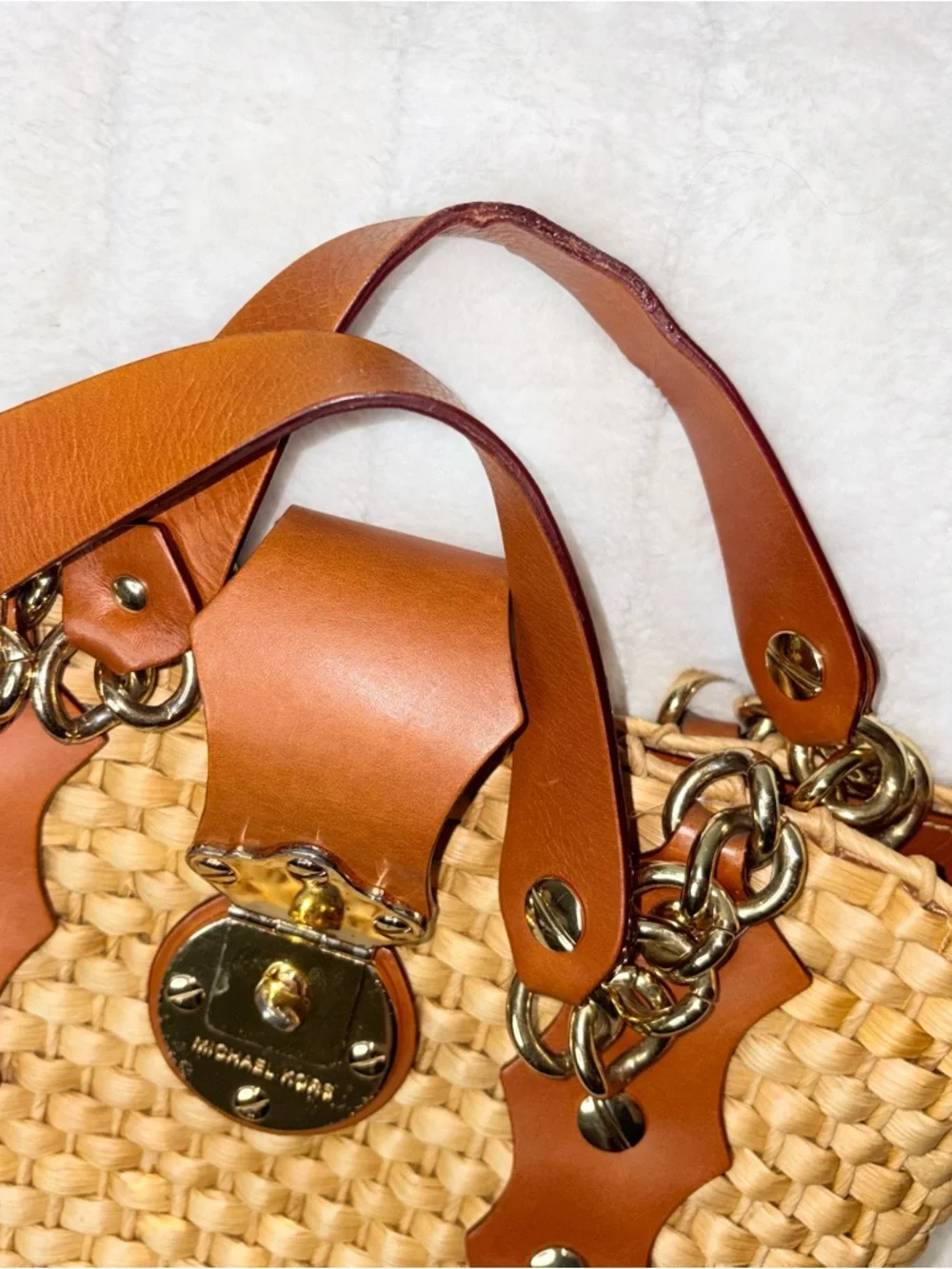 Michael Kors Brown Woven Straw Tote with Chestnut Leather Trim Santorini shopper - Picture 3 of 7